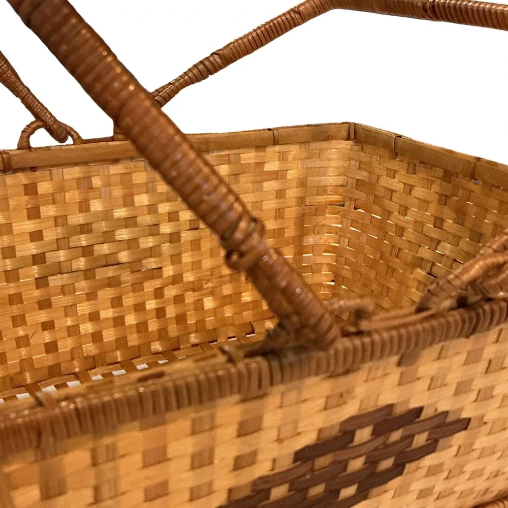 Vintage Woven Wood Splint Picnic Basket Dual Swing Handles Brown Diamond 12x9x4